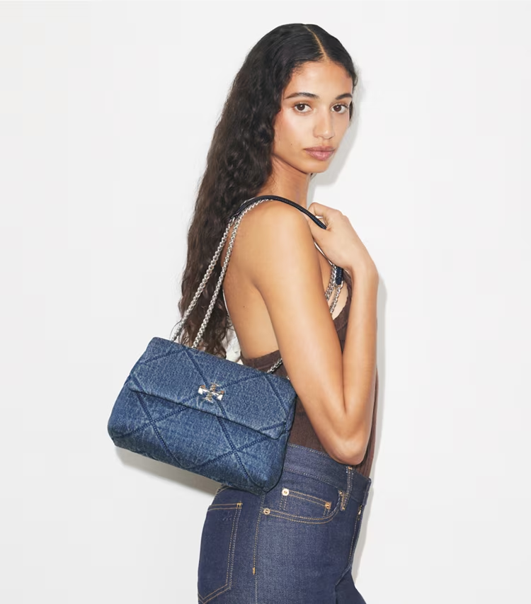Small Kira Diamond Quilt Denim Shoulder Bag - Image 2