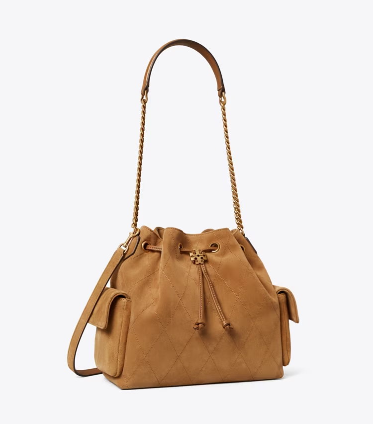 Charlie Quilted Suede Drawstring Shoulder Bag