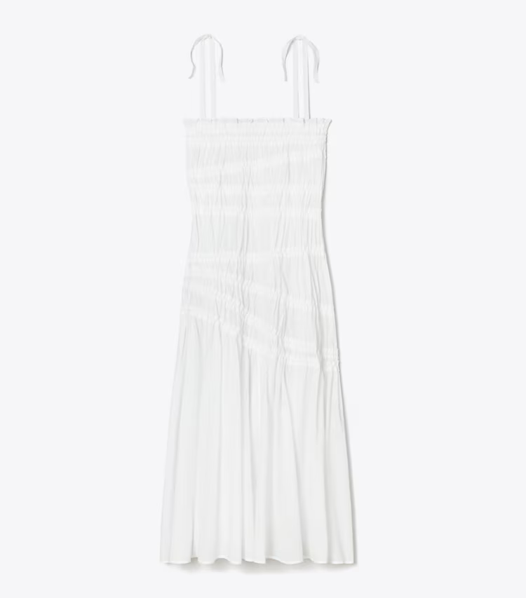Shoulder Tie Smocked Cotton Dress