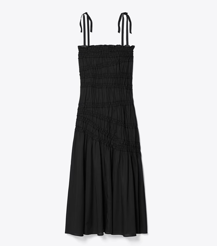 Shoulder Tie Smocked Cotton Dress