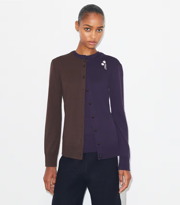 Brooch Color-Block Wool Cardigan - Image 2