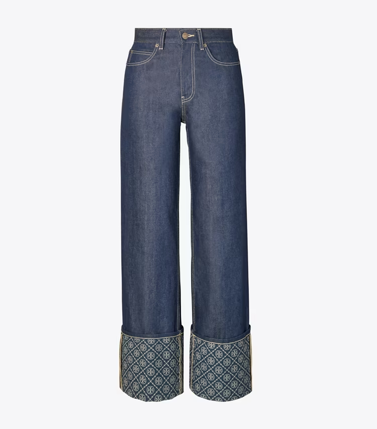 T Monogram Contrast Cuff Straight Leg Jean